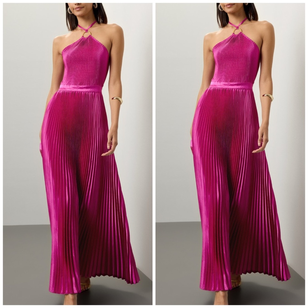 L'IDEE Cheri Pink Purple Magenta Halter Pleated Maxi Dress US SIZE 8